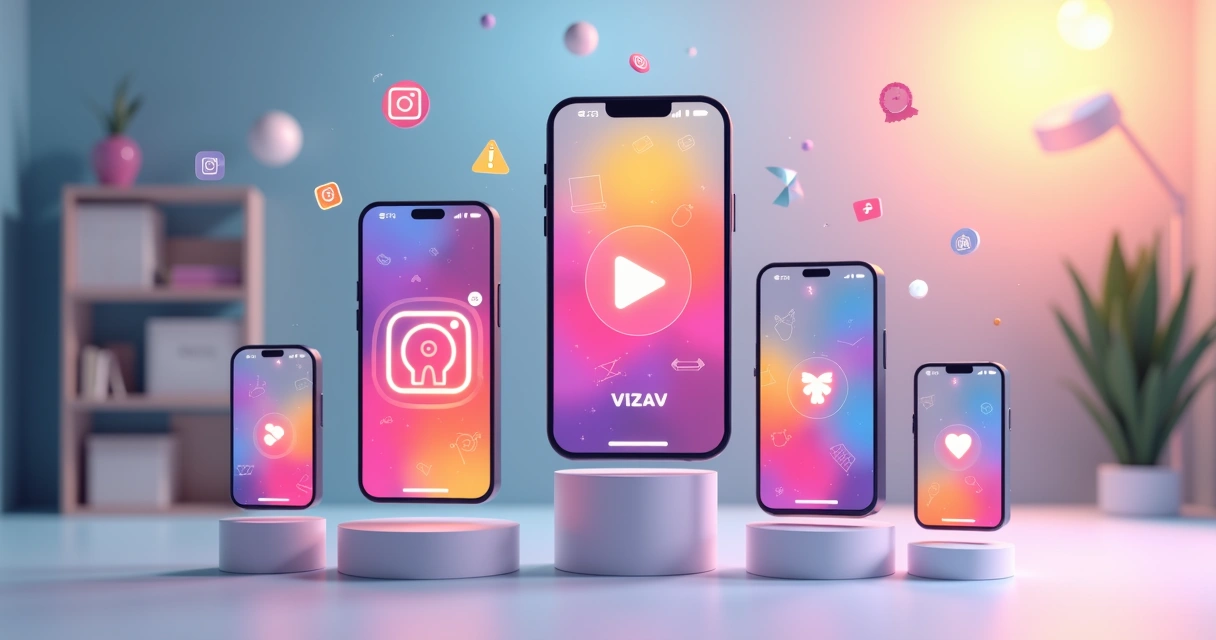 Modelo 3D de carrosséis digitais para Instagram exibidos em telas flutuantes com cores vibrantes e elementos gráficos modernos