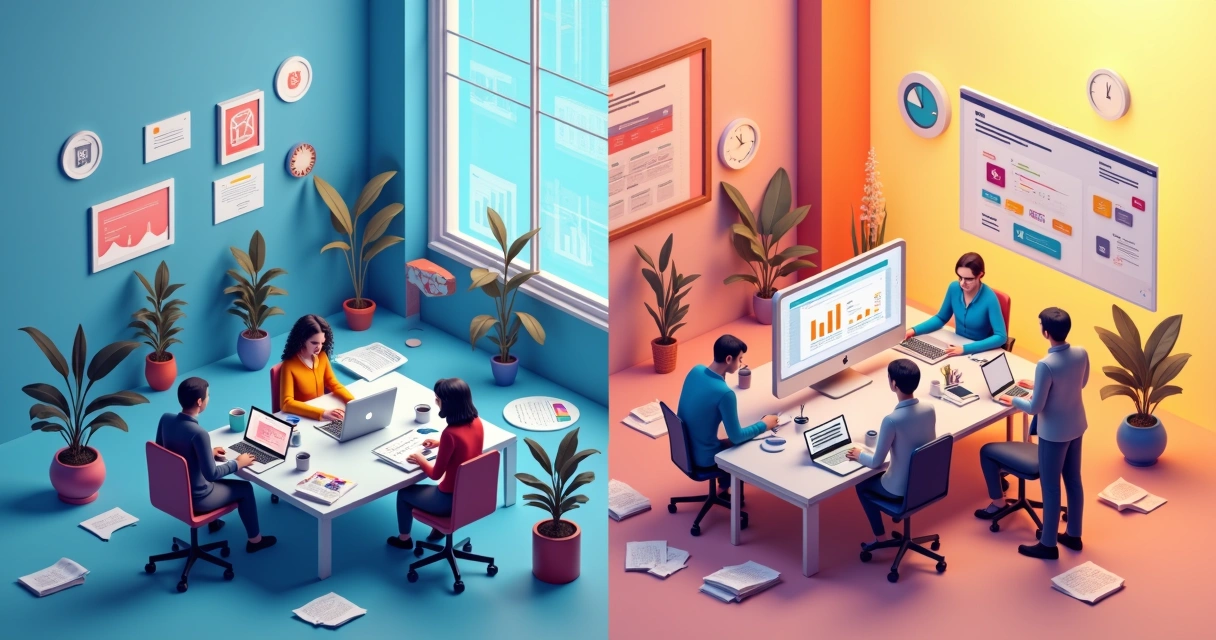 Cena 3D mostrando duas equipes trabalhando: à esquerda freelancers em seus ambientes variados, à direita uma equipe fixa colaborando em um escritório moderno e organizado