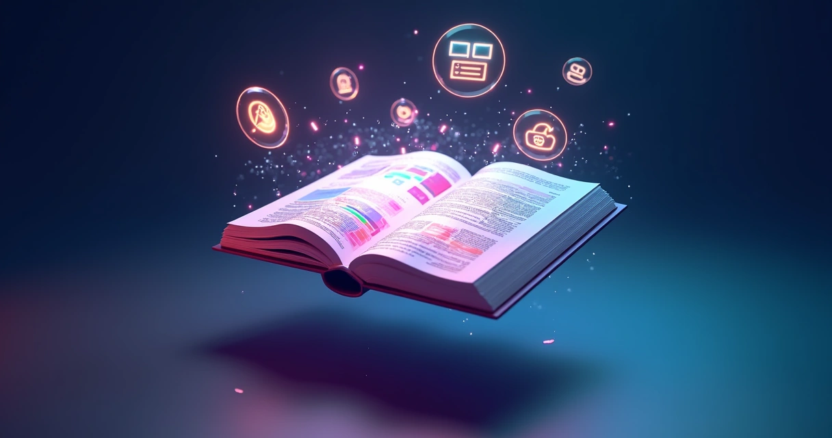 Modelo 3D de um e-book digital aberto com design interativo, ícones de cliques e elementos visuais vibrantes