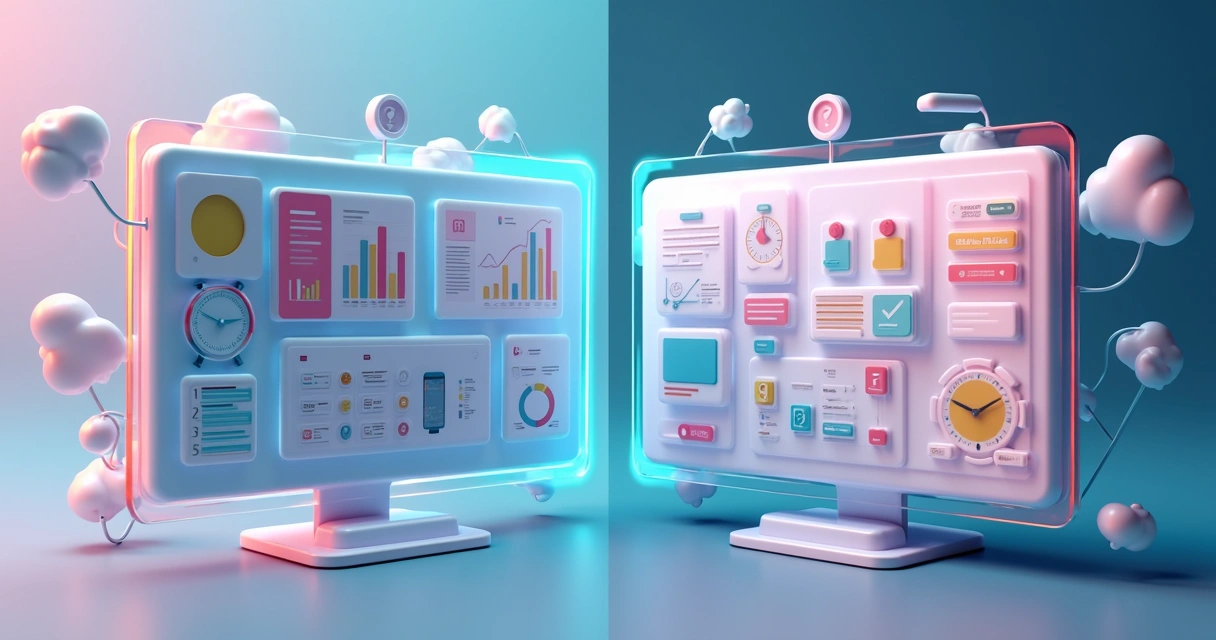 Comparação entre fluxos de design por assinatura e sob demanda ilustrados como diagramas 3D detalhados com prazos, processos e custos destacados