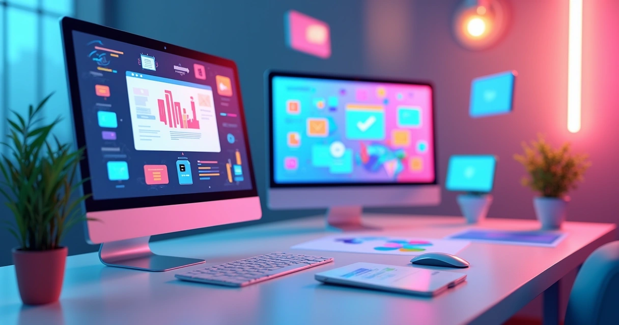 Modelos 3D exibindo o processo de criação visual para infoprodutores, com logo, key visual e elementos gráficos em um computador