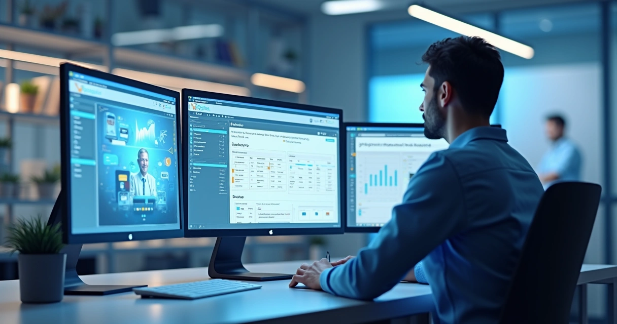 Modelo 3D de infoprodutor organizando tarefas de design digital num ambiente de trabalho moderno com múltiplas telas mostrando gráficos, peças de design e calendário de agendamento