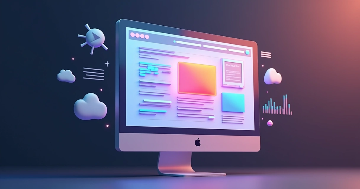 Interface 3D de página de vendas digital com elementos de UX como navegação simplificada e design limpo