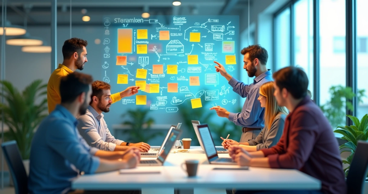 Modelos 3D de equipe colaborando em projeto com post-its coloridos em parede e telas digitais